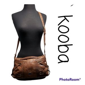 Kooba Tan Leather Crossbody Shoulder Bag X Leather Detailing Gold Hardware